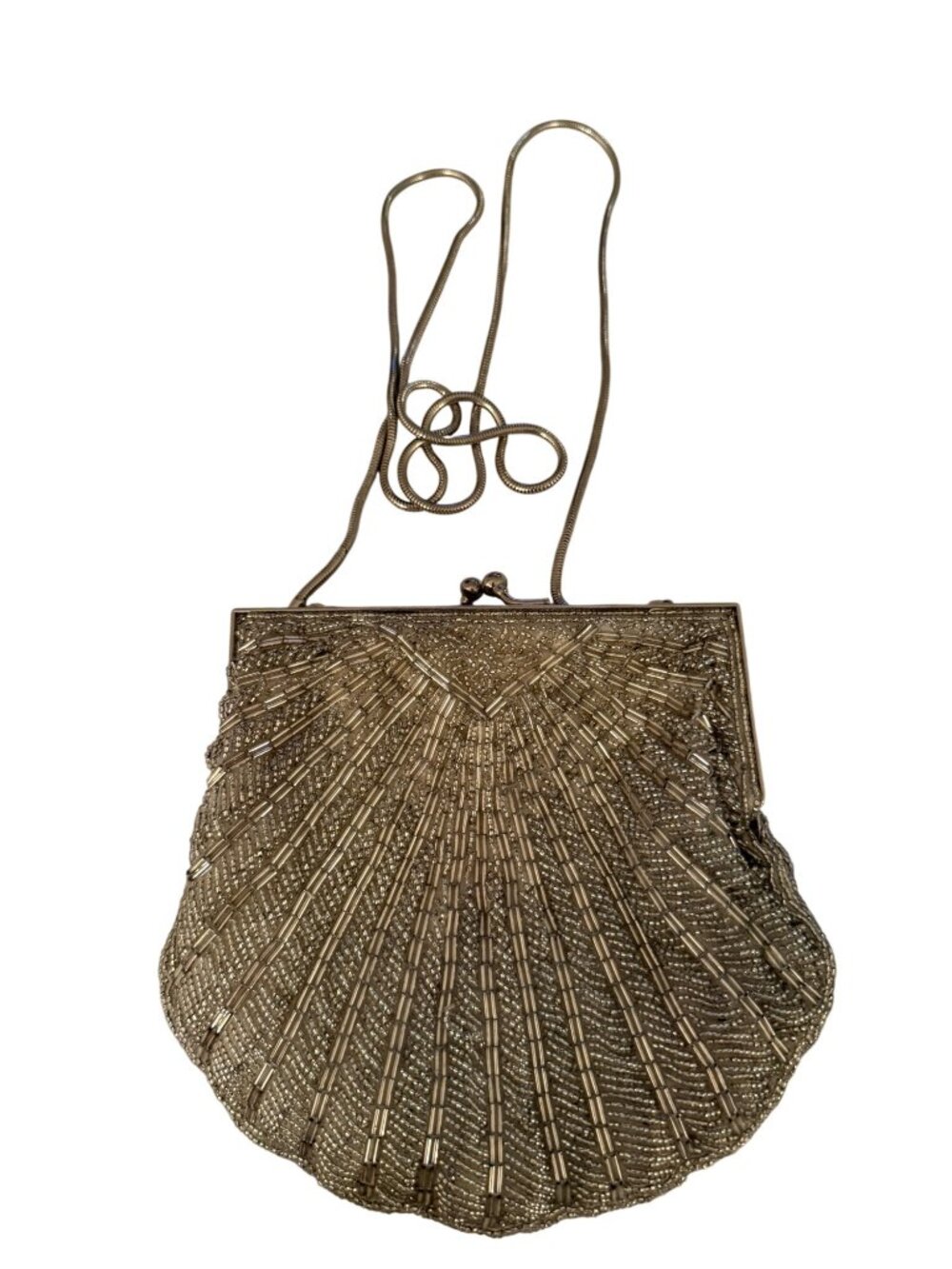 Vintage Womens Hand-beaded Silver Seashell Evening Bag Metal Frame Clasp Straps